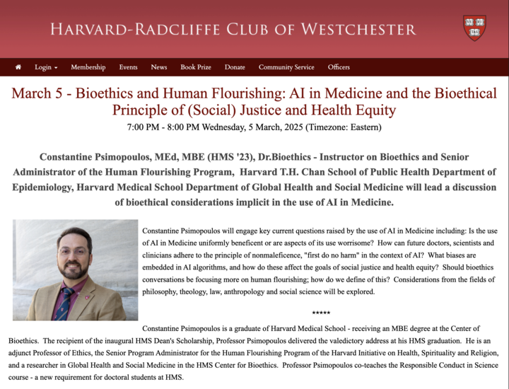 Harvard Club of Westchester New York - Bioethics and Human Flourishing: AI in Medicine and the Bioethical Principle of (Social) Justice and Health Equity